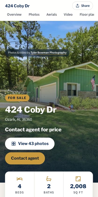 The same Property Website on a phone, with the listing address, photo, and contact agent button